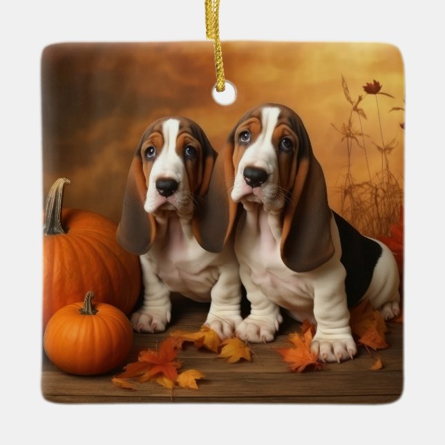 Basset Hound Puppy Autumn Delight Pumpkin  Ceramic Ornament (Front)
