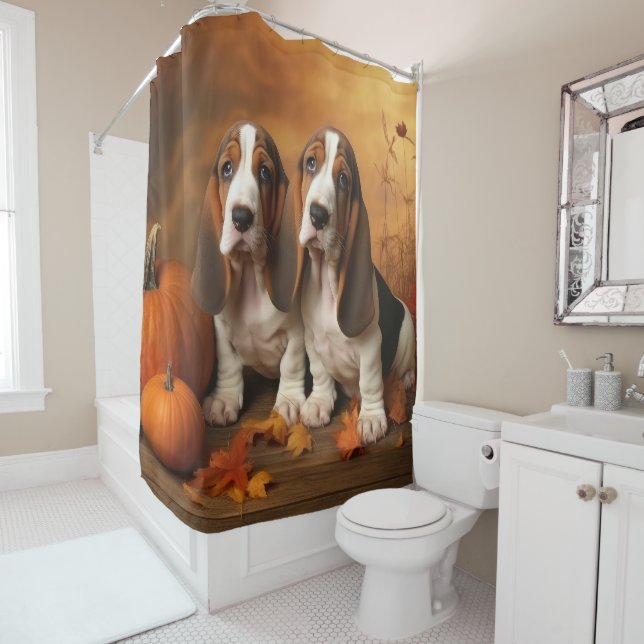 Basset Hound Puppy Autumn Delight Pumpkin  Shower Curtain (In Situ)