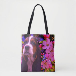Basset Hound Puppy Blossoms Dog Art Tote Bag
