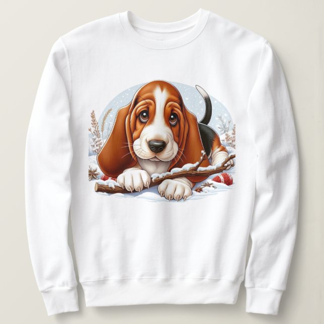 Basset Hound Puppy in Snowy Winter Scene  Sweatshirt (Design Front)