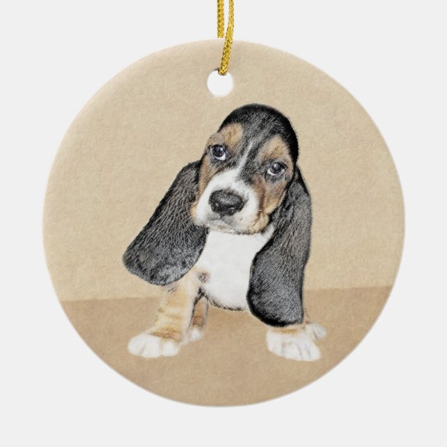Basset Hound Puppy Painting - Original Dog Art Ceramic Tree Decoration (Front)