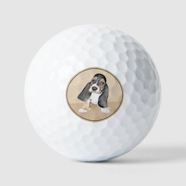 Basset Hound Puppy Painting - Original Dog Art Golf Balls (Front)