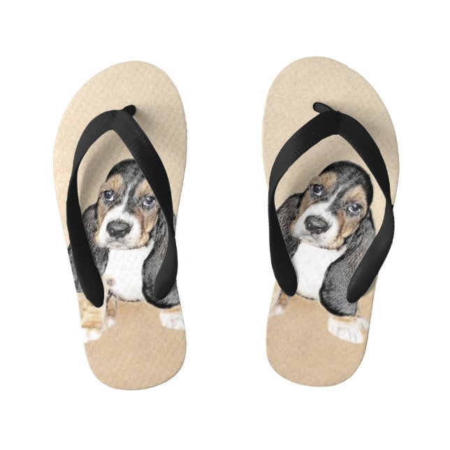 Basset Hound Puppy Painting - Original Dog Art Kid's Jandals (Footbed)