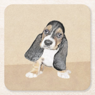 Basset Hound Puppy Painting - Original Dog Art Square Paper Coaster