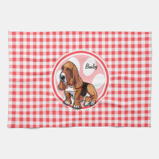 Basset Hound; Red and White Gingham Tea Towel