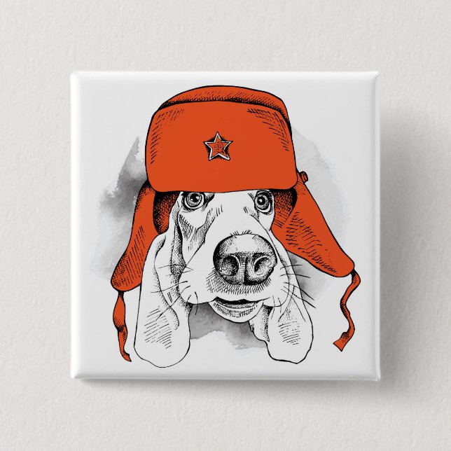 Basset Hound | Red Ushanka Hat 15 Cm Square Badge (Front)