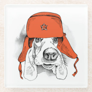 Basset Hound   Red Ushanka Hat Glass Coaster