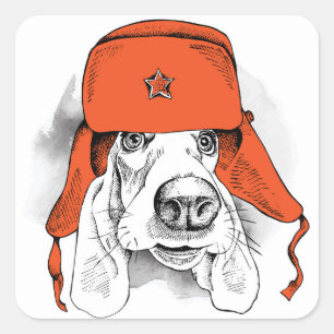 Basset Hound Red Ushanka Hat Square Sticker