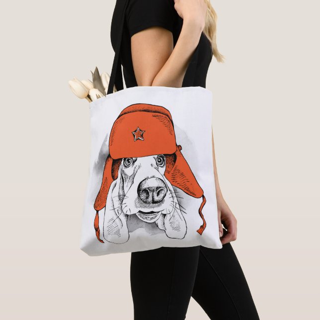 Basset Hound | Red Ushanka Hat Tote Bag (Close Up)