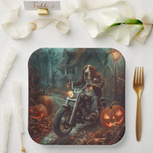 Basset Hound Riding Motorcycle Halloween Scary Paper Plate