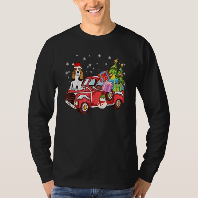 Basset Hound Riding Red Truck Merry Christmas Dog T-Shirt (Front)