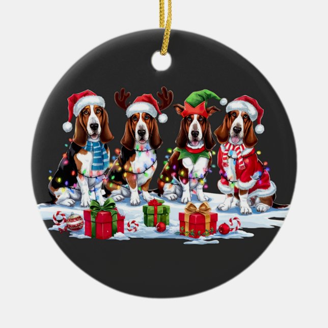 Basset hound Santa hat antlers elf Christmas light Ceramic Tree Decoration (Front)