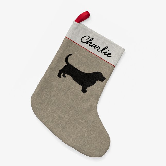 Basset Hound Silhouette Cute Dog Personalised Xmas Small Christmas Stocking (Front (Hanging))