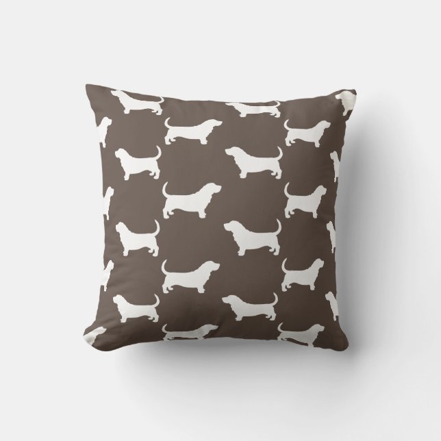 Basset Hound Silhouettes Pattern Mocha Brown Cushion (Front)
