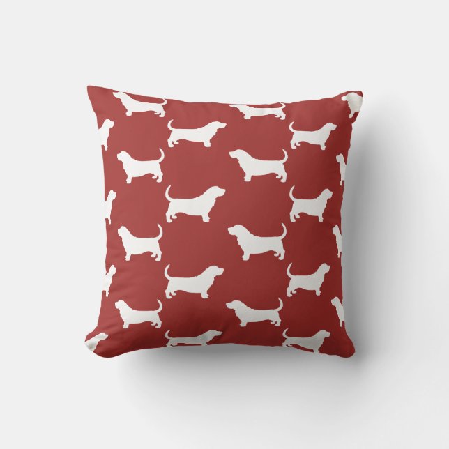 Basset Hound Silhouettes Pattern Red and White Cushion (Front)