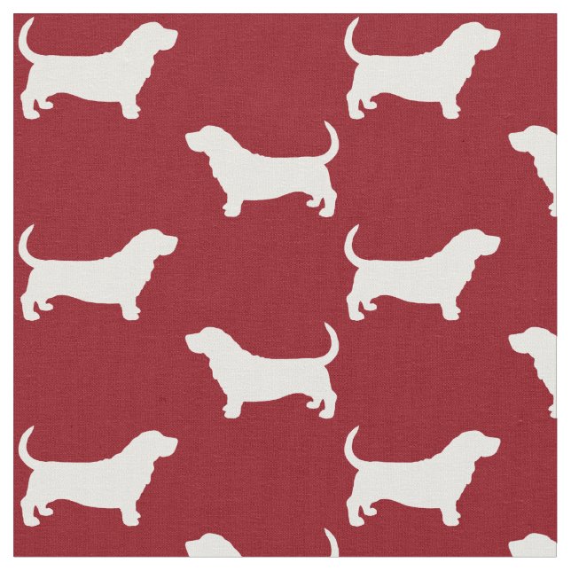 Basset Hound Silhouettes Red and White Patterned Fabric (Close Up)