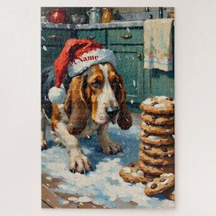 Basset Hound Sniffing Christmas Cookie Trail Hat Jigsaw Puzzle