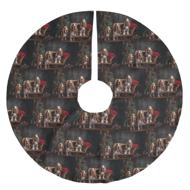 Basset Hound Snowy Sleigh Christmas Decor  Brushed Polyester Tree Skirt (Front)