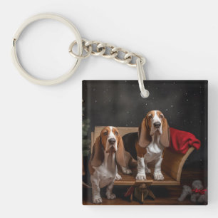 Basset Hound Snowy Sleigh Christmas Decor Key Ring