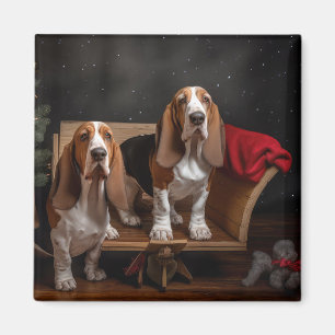 Basset Hound Snowy Sleigh Christmas Decor Magnet