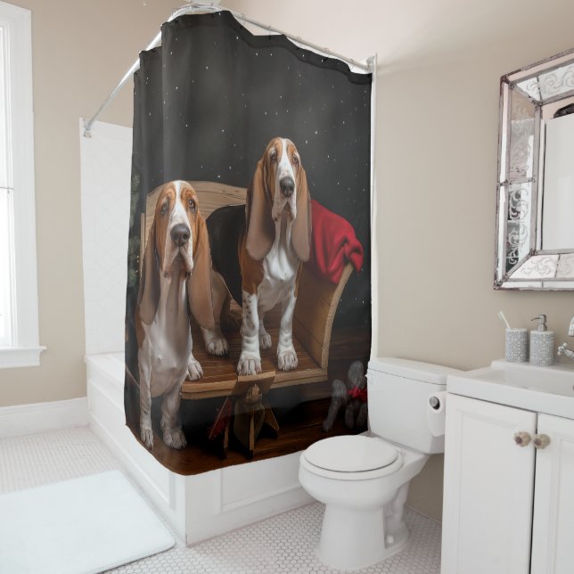 Basset Hound Snowy Sleigh Christmas Decor  Shower Curtain (In Situ)