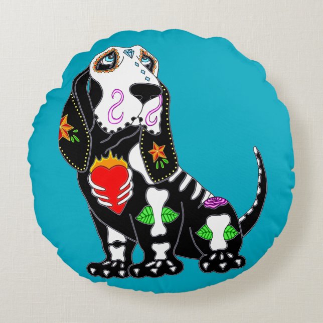 Basset Hound Sugar Skull Round Cushion (Front)