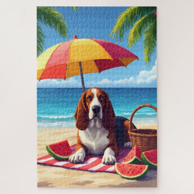 Basset Hound Summer Beach Scene Jigsaw Puzzle (Vertical)