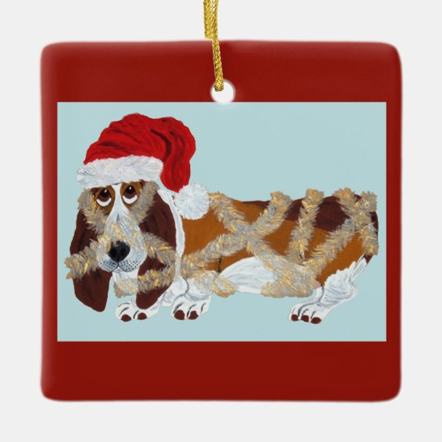 Basset Hound tangled in Tinsel Ceramic Ornament (Front)