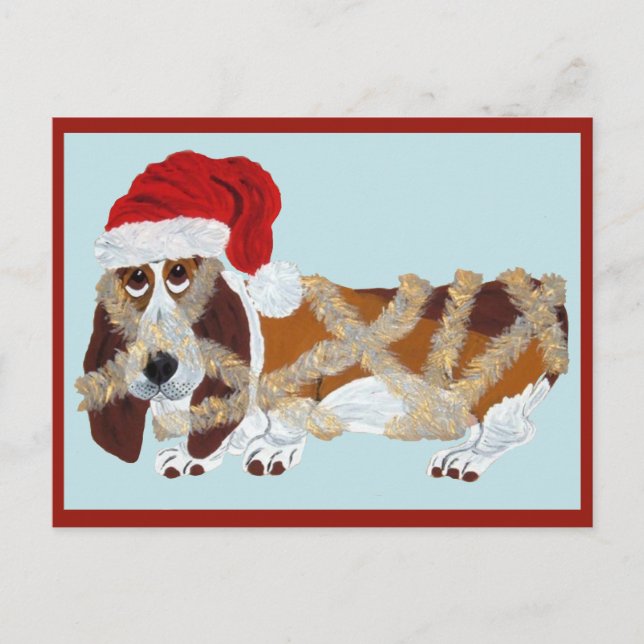Basset Hound tangled in Tinsel Postcard (Front)