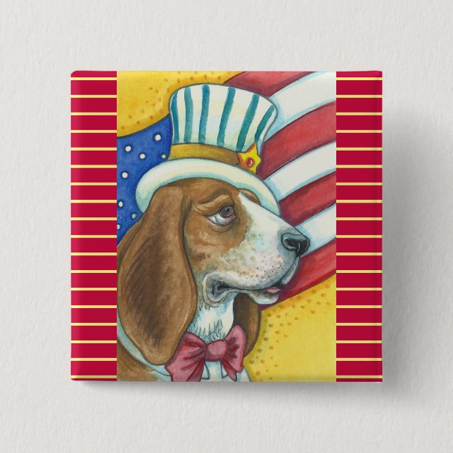 BASSET HOUND UNCLE SAM, PATRIOTIC DOG BUTTON Squ (Front)