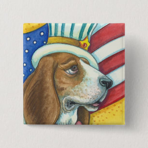 BASSET HOUND UNCLE SAM, PATRIOTIC DOG BUTTON Squ