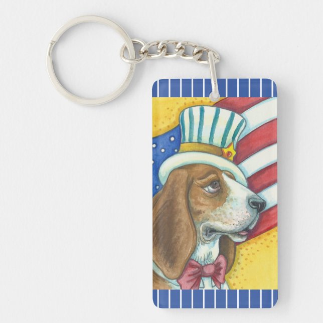 BASSET HOUND UNCLE SAM, PATRIOTIC DOG KEYCHAIN (Front)