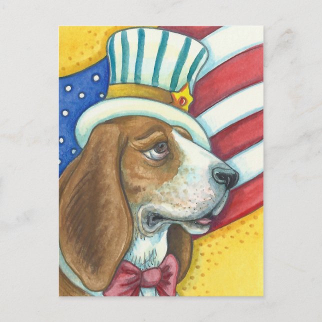 BASSET HOUND UNCLE SAM, PATRIOTIC DOG POSTCARD (Front)