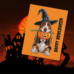 Basset hound wearing witches hat & pumpkin postcard