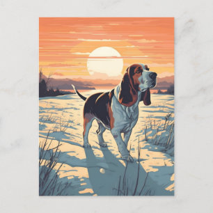 Basset Hound winter mountain forest during sunset Postcard