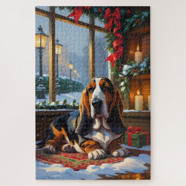 Basset Hound With Christmas Lights Holiday  Jigsaw Puzzle (Vertical)