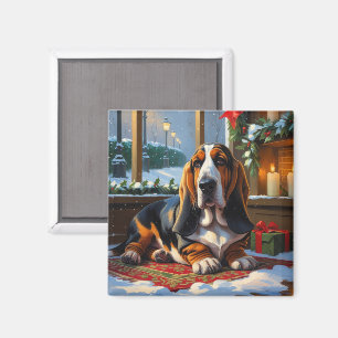 Basset Hound With Christmas Lights Holiday Magnet