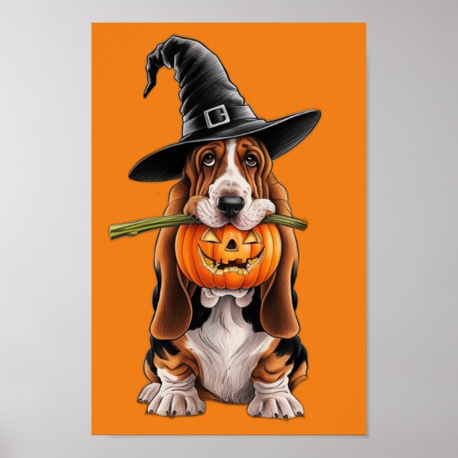 basset hound with pumpkin in mouth poster (Front)
