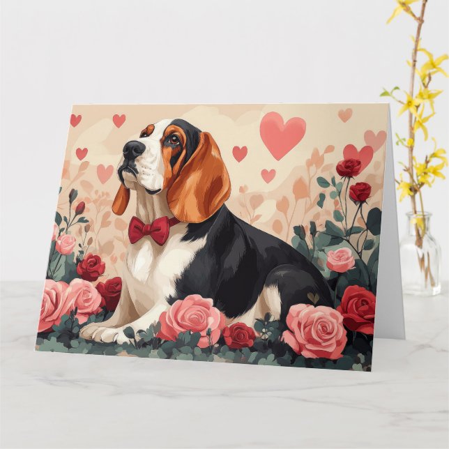 Basset Hound with Roses - Valentine's Day  Card (Yellow Flower)