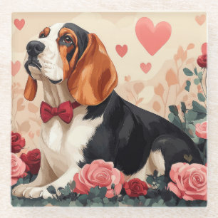 Basset Hound with Roses - Valentine's Day  Glass Coaster