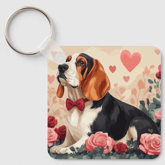 Basset Hound with Roses - Valentine's Day  Key Ring (Front)