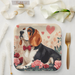 Basset Hound with Roses - Valentine's Day Paper Plate