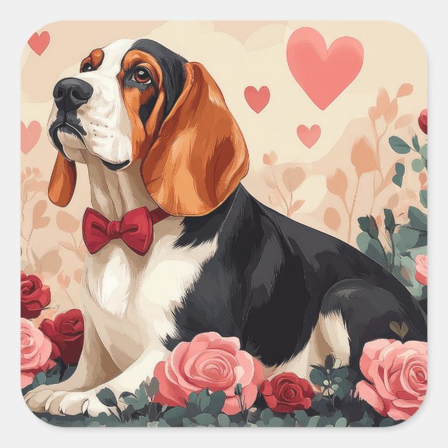 Basset Hound with Roses - Valentine's Day  Square Sticker (Front)