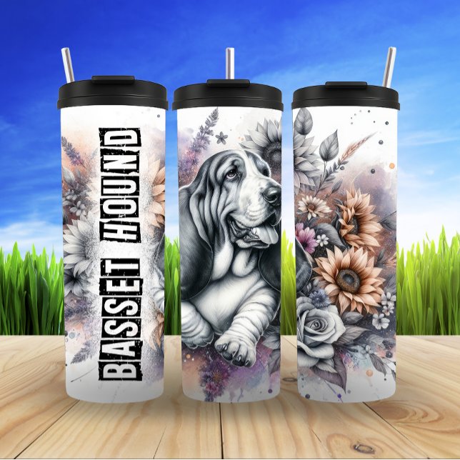 Basset Hound's Grayscale Floral Snooze Thermal Tumbler (Creator Uploaded)