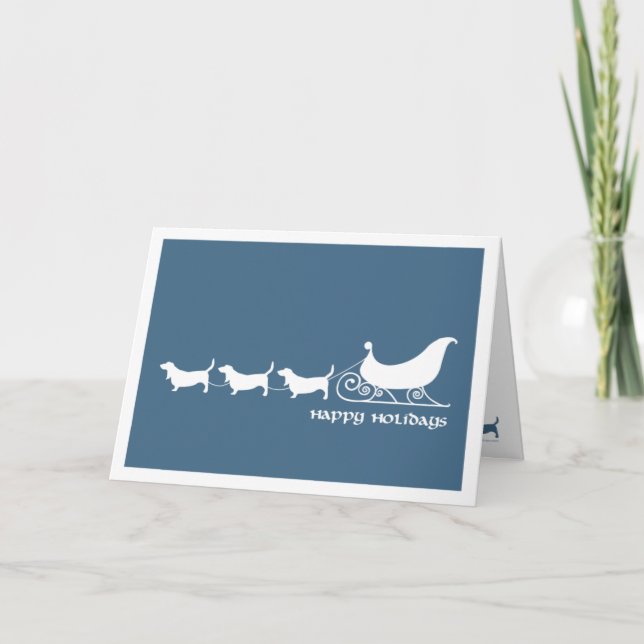 Basset Hounds Pulling Santa's Sleigh Holiday Card (Front)