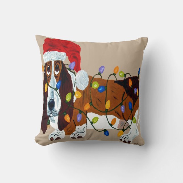 Basset Tangled In Christmas Lights Cushion (Front)