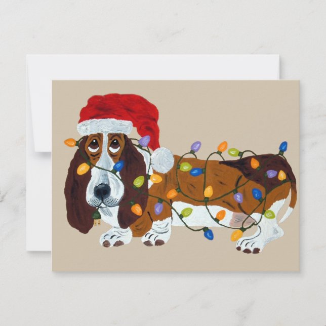 Basset Tangled In Christmas Lights Holiday Card (Front)