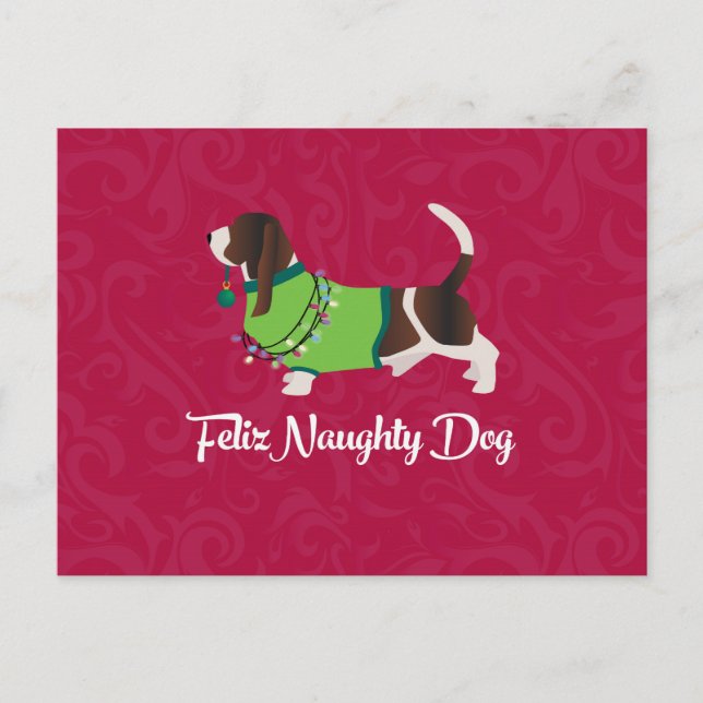 Bassett Hound Christmas Feliz Naughty Dog Holiday Postcard (Front)