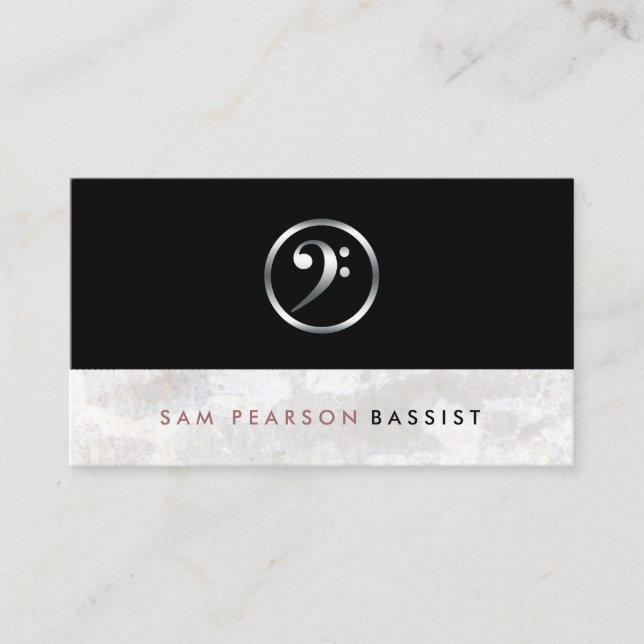 Bassist Bold Silver Bass Clef Icon Elegant Business Card (Front)