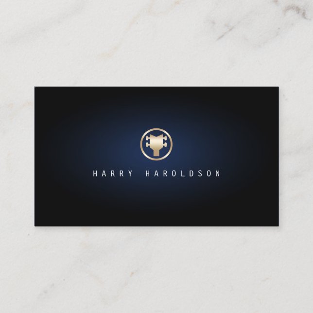 Bassist Gold Bass Guitar Headstock Icon Blue Glow Business Card (Front)